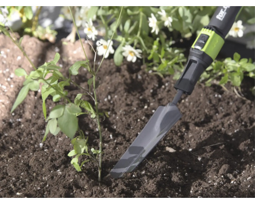 Úzká kovová sázecí lopatka for_q v hlíně vedle malé rostliny, světlé a přírodní zahradní prostředí.