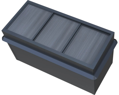 Obdélníkový kovový vyvýšený záhon v antracitové barvě s trojdílným žebrovaným povrchem.