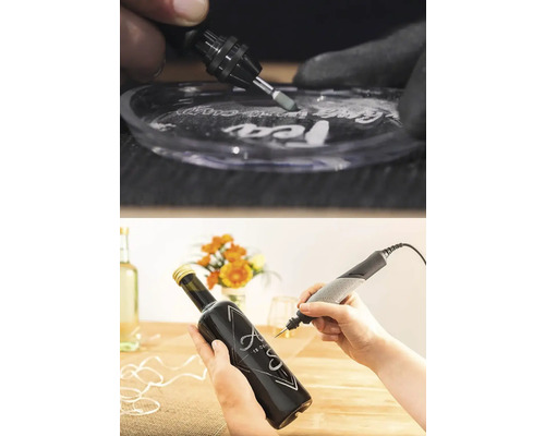 Multifunkční nářadí Dremel při gravírování skla a tmavé skleněné láhve.