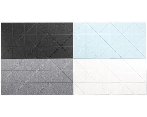 Akustické panely s geometrickým trojúhelníkovým vzorem v tmavě šedé, světle modré, šedé a bílé barvě z plstěného materiálu.