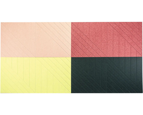 Akustické panely s geometrickým vzorem linií v různých barvách.