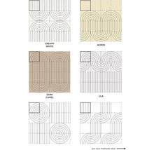 Přehled šesti vzorů pokládky čtvercových obkladů s geometrickými liniemi a vlnitými tvary.