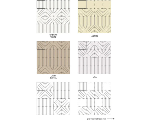 Přehled šesti vzorů pokládky čtvercových obkladů s geometrickými liniemi a vlnitými tvary.