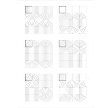 Šest různých geometrických vzorů s přímými liniemi, půlkruhy a kruhy v mřížkovém uspořádání.