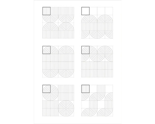 Šest různých geometrických vzorů s přímými liniemi, půlkruhy a kruhy v mřížkovém uspořádání.