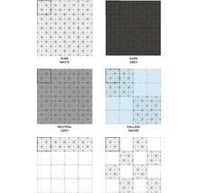 Přehled různých vzorů dlaždic a barevných provedení s geometrickými trojúhelníkovými vzory v mřížkovém uspořádání.