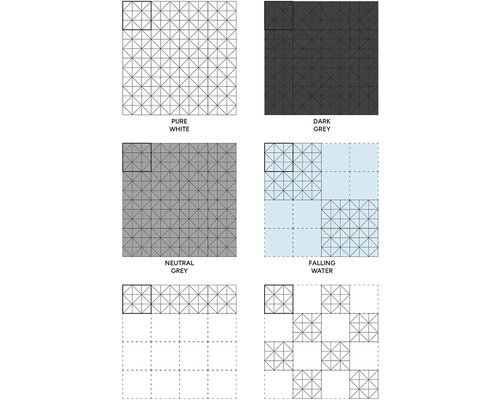 Přehled různých vzorů dlaždic a barevných provedení s geometrickými trojúhelníkovými vzory v mřížkovém uspořádání.