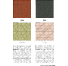 Přehled nástěnných panelů s geometrickými liniovými vzory v různých barvách a vzorech pokládky.