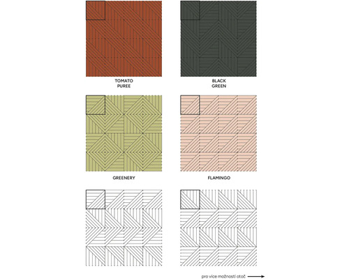 Přehled nástěnných panelů s geometrickými liniovými vzory v různých barvách a vzorech pokládky.