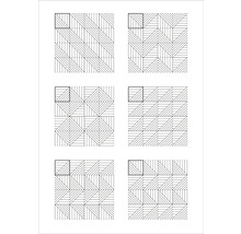 Přehled šesti různých vzorů pokládky podlahových krytin, jako jsou dlaždice nebo terasové desky, s geometrickými liniovými vzory.