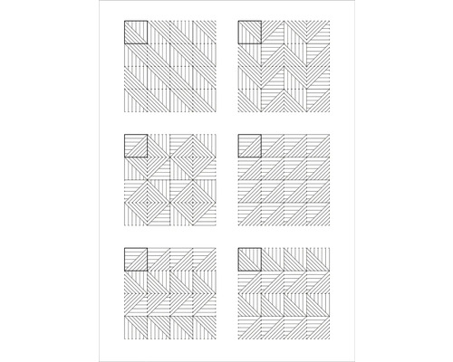 Přehled šesti různých vzorů pokládky podlahových krytin, jako jsou dlaždice nebo terasové desky, s geometrickými liniovými vzory.