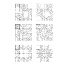 Šest různých vzorů pokládky pro čtvercové podlahové dlaždice s lineární strukturou v geometrickém uspořádání.