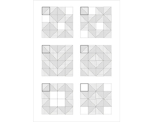 Šest různých vzorů pokládky pro čtvercové podlahové dlaždice s lineární strukturou v geometrickém uspořádání.