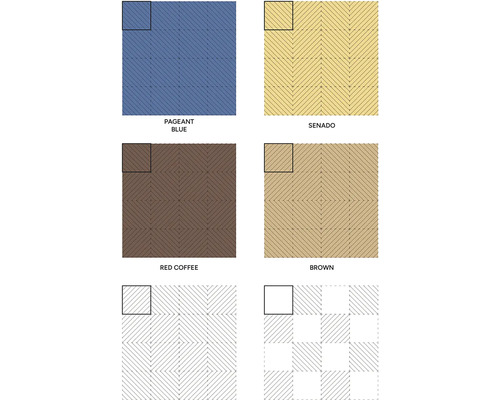 Přehled geometrických vzorů dlaždic s diagonálními liniemi v provedení jako rybí kost a soustředné kosočtverce.