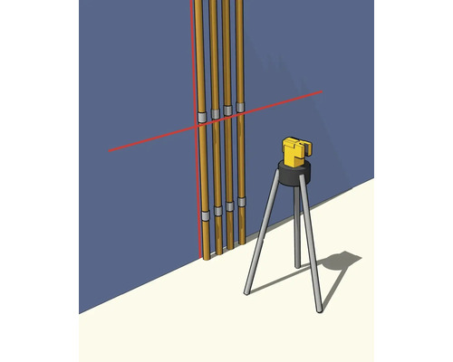 Křížový čárový laser na stativu promítá červené laserové čáry pro vyrovnání svislých trubek na stěně.