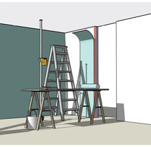 Ilustrace renovace místnosti s žebříkem, pracovním stolem a laserem promítajícím svislou linii pro tapetování na stěnu.