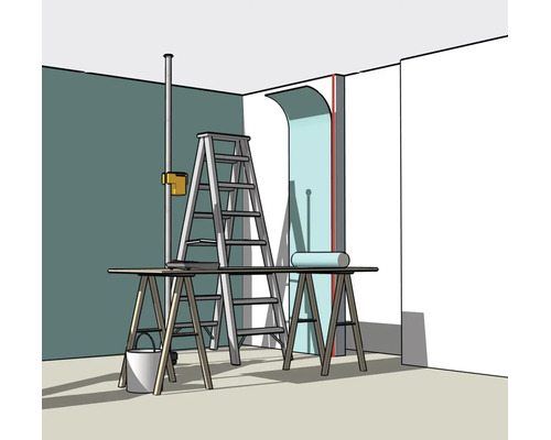 Ilustrace renovace místnosti s žebříkem, pracovním stolem a laserem promítajícím svislou linii pro tapetování na stěnu.