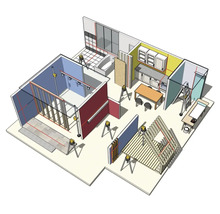 3D diagram staveniště s několika čárovými lasery na stativech, které promítají červené vyrovnávací čáry v různých místnostech.