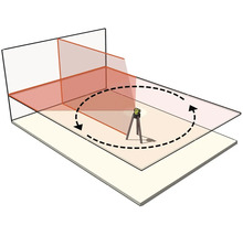 Křížový laser na stativu s 360stupňovou horizontální a vertikální laserovou projekcí v místnosti.