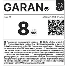 Záruka výrobce osm let na těsnicí profil tesa E-Profil včetně QR kódu a ikony kalendáře.