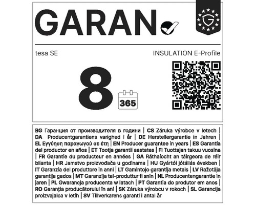 Záruka výrobce osm let na těsnicí profil tesa E-Profil včetně QR kódu a ikony kalendáře.