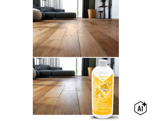 Láhev čističe na laminátové podlahy Rakkuun na parketové podlaze v moderně zařízeném obývacím pokoji. (Image AI modified or generated)