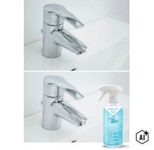 Srovnání před a po vyčištění vodovodní baterie od vodního kamene pomocí čisticího prostředku Rakkuun na sanitární keramiku a vodní kámen. (Image AI modified or generated)