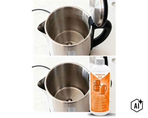 Nerezová rychlovarná konvice před a po čištění odvápňovačem RAKKUUN na bázi kyseliny citronové. (Image AI modified or generated)