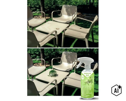 Srovnání před a po čištění zahradního nábytku pomocí intenzivního čističe plastů Rakkuun na zahradě. (Image AI modified or generated)