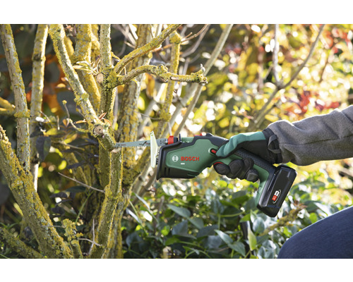 Zahradní scéna s osobou řezající větev akumulátorovou zahradní pilou Bosch