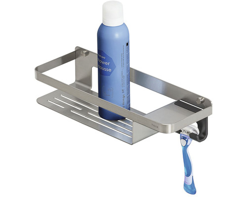 Kovová sprchová polička s sprchovou pěnou a holicím strojkem