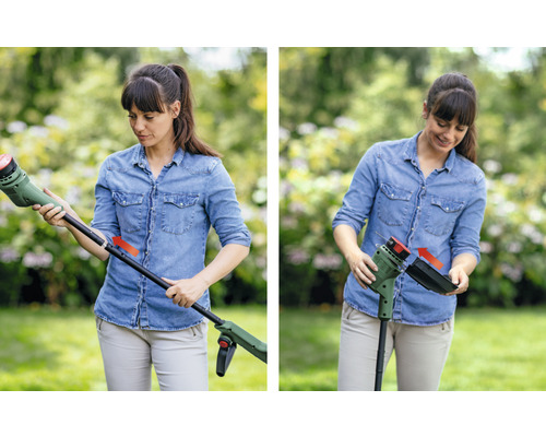 Žena montuje vyžínač na trávu na zahradě.