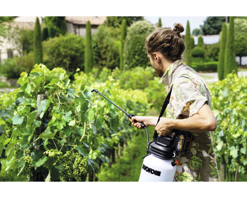Muž používá akumulátorový tlakový postřikovač Worx ve vinici.