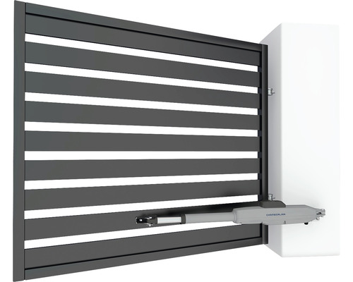 Posuvná brána s pohonem brány a logem Chamberlain