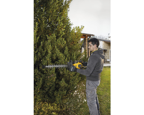 Muž stříhá živý plot pomocí nůžek na živý plot na zahradě.