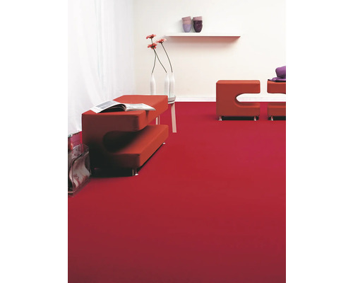 Světlá místnost s červeným kobercem, posezením a dekorativními prvky pro moderní atmosféru