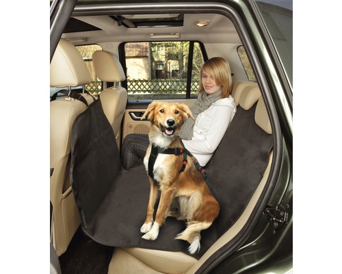 Pes v autě s potahem na autosedačku pro psy a bezpečnostním pásem