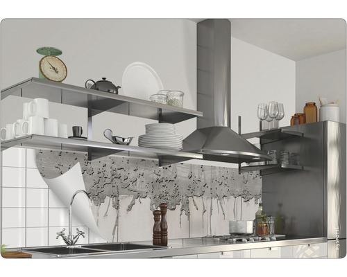 Kuchyňská scéna s policemi, dřezem, odsavačem par a nástěnnou dekorací