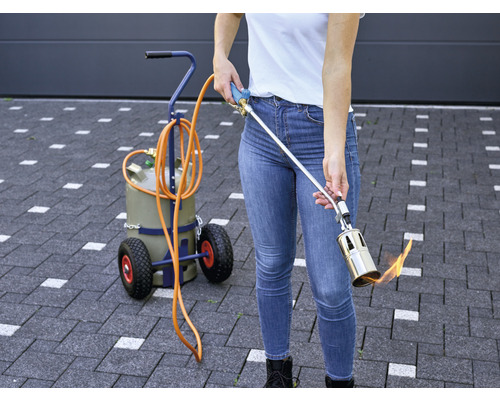 Hořák na plevel s vozíkem používaný k hubení plevele na dlažebních kostkách