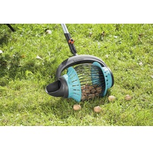 Sběr vlašských ořechů se sběračem vlašských ořechů na trávníku.