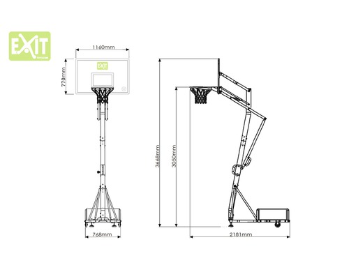 Obrázek s rozměry přenosného basketbalového koše