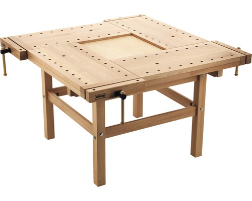 Pracovní stůl s dřevěnou deskou a upínacími zařízeními