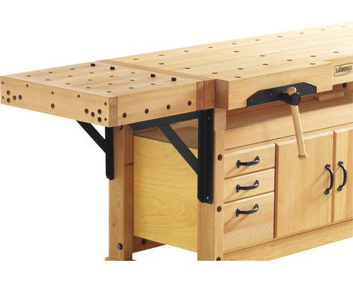 Pracovní stůl se zásuvkami a svěrákem