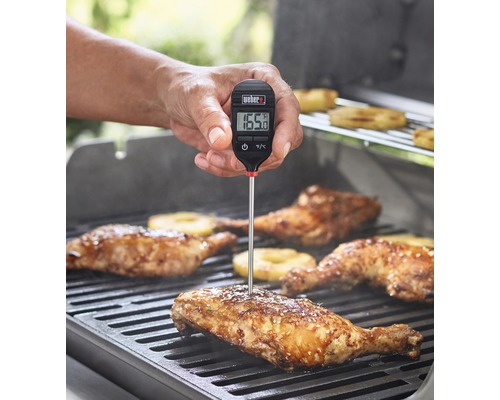 Logo společnosti Weber. Osoba měří digitálním grilovacím teploměrem teplotu kuřete na grilu.