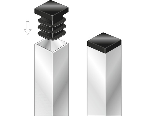 Obrázek čtvercové trubkové koncovky před a po instalaci