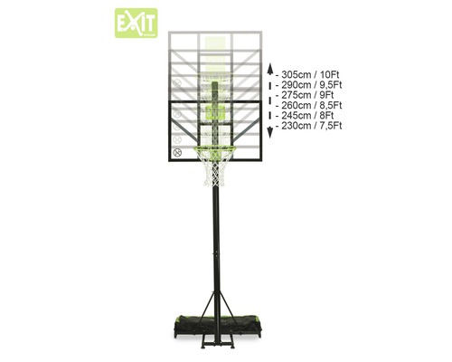 Výškově nastavitelný basketbalový koš s uvedením různých výšek