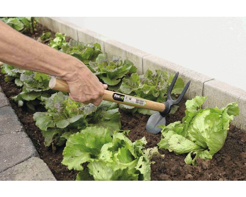 Osoba pracuje s kombinovanou motykou v zeleninové zahradě.