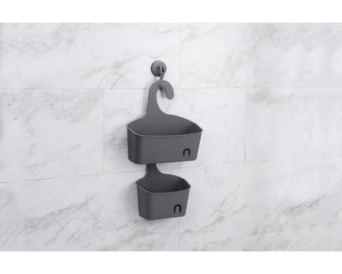 Šedý sprchový košík se dvěma policemi pro montáž na stěnu s přísavkou