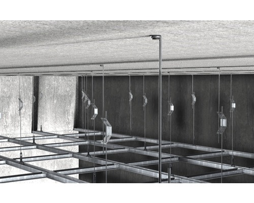 Systém zavěšení stropu s kovovým rámem a upevňovacími prvky.