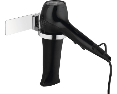 Černý fén na vlasy v držáku pro montáž na stěnu